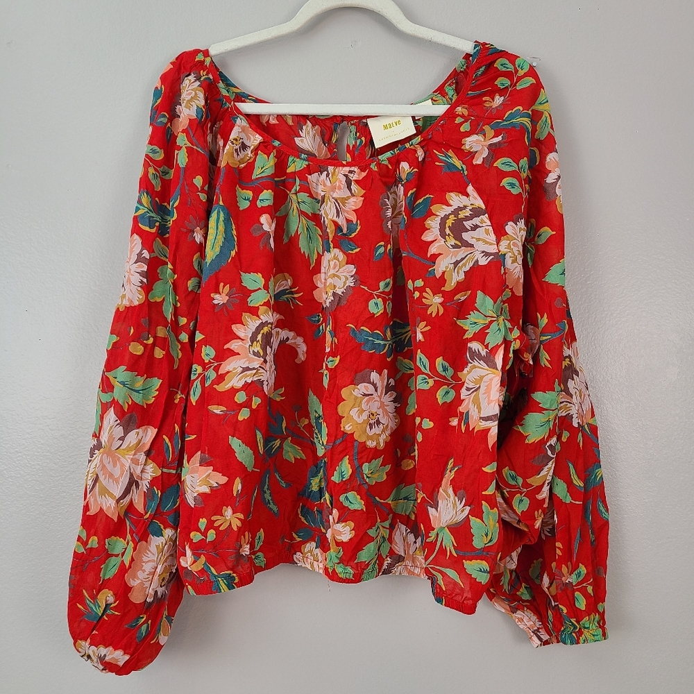 Anthropologie Maeve Red Floral Cotton Blend Beach Vacation Batwing Sleeve Top XL